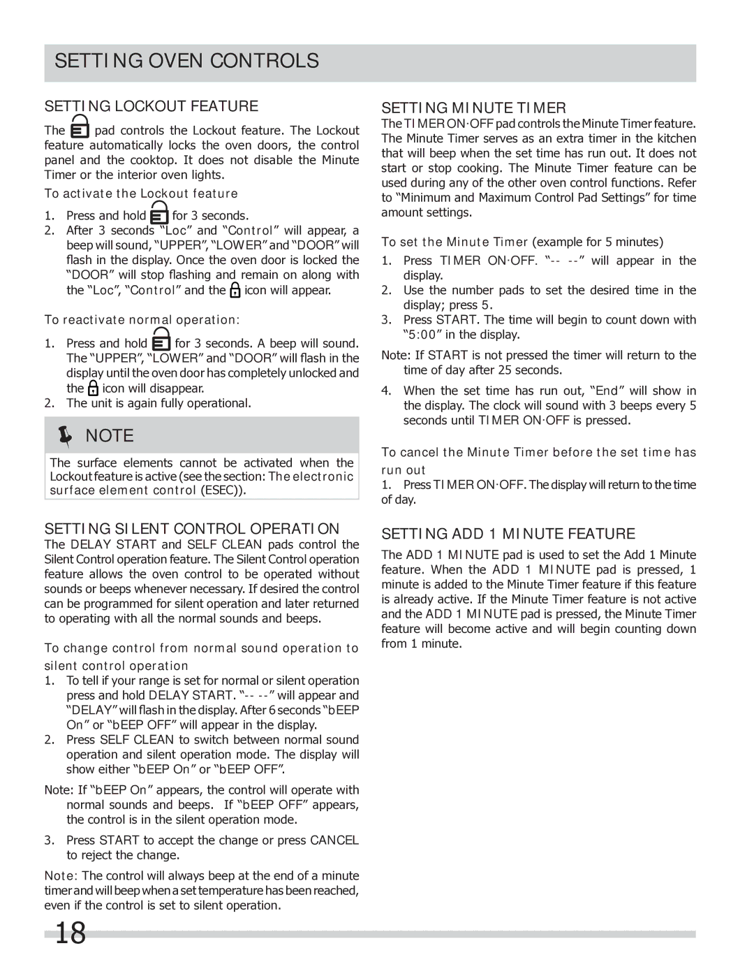 Frigidaire FGEF304DKW, FGEF304DKB Setting Lockout Feature, Setting Minute Timer, Setting Silent Control Operation 