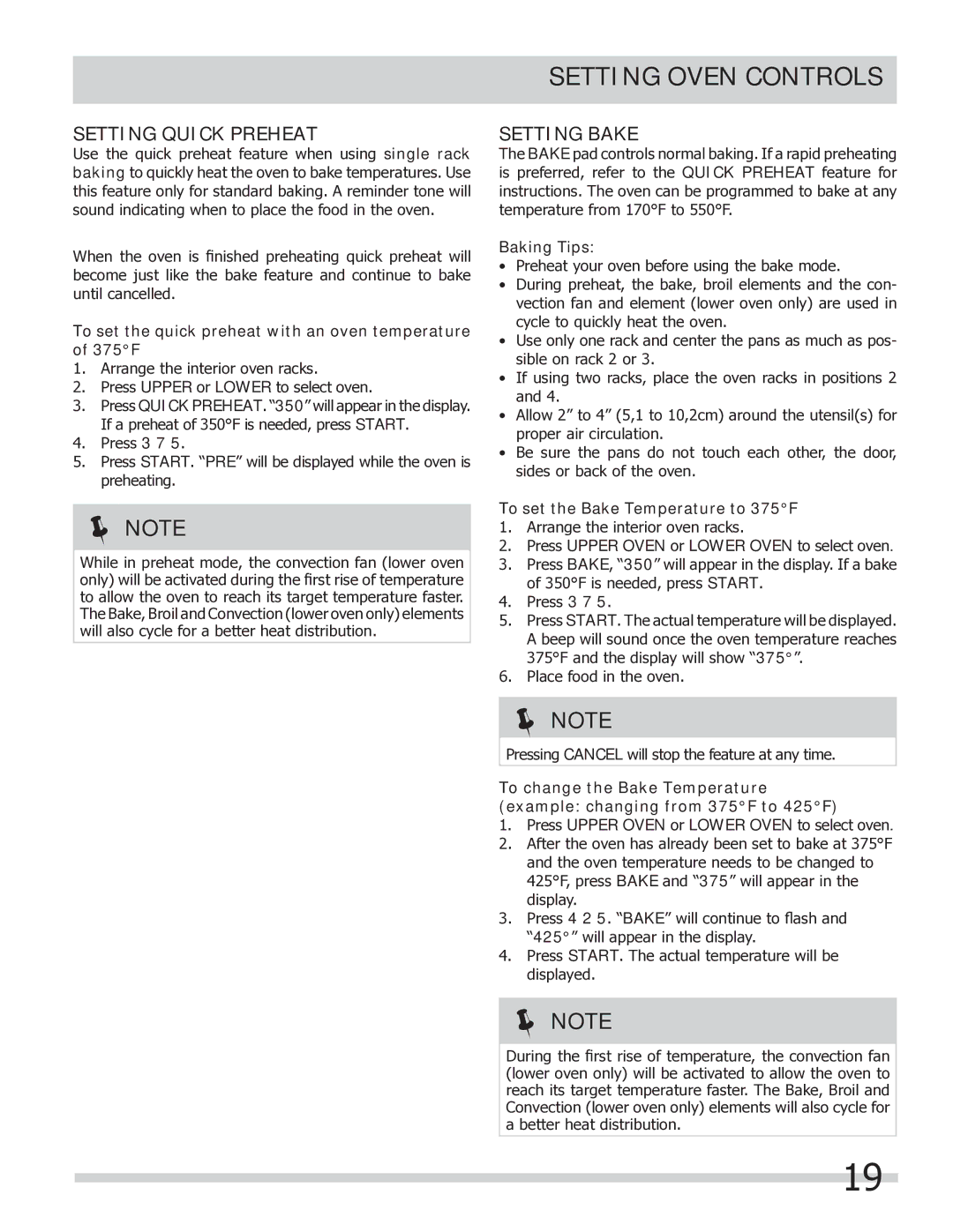 Frigidaire FGEF304DKB Setting Quick Preheat, Setting Bake, To set the quick preheat with an oven temperature of 375F 
