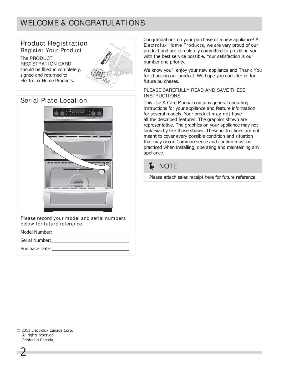 Frigidaire FGEF304DKF Welcome & Congratulations, Register Your Product, Please Carefully Read and Save These Instructions 