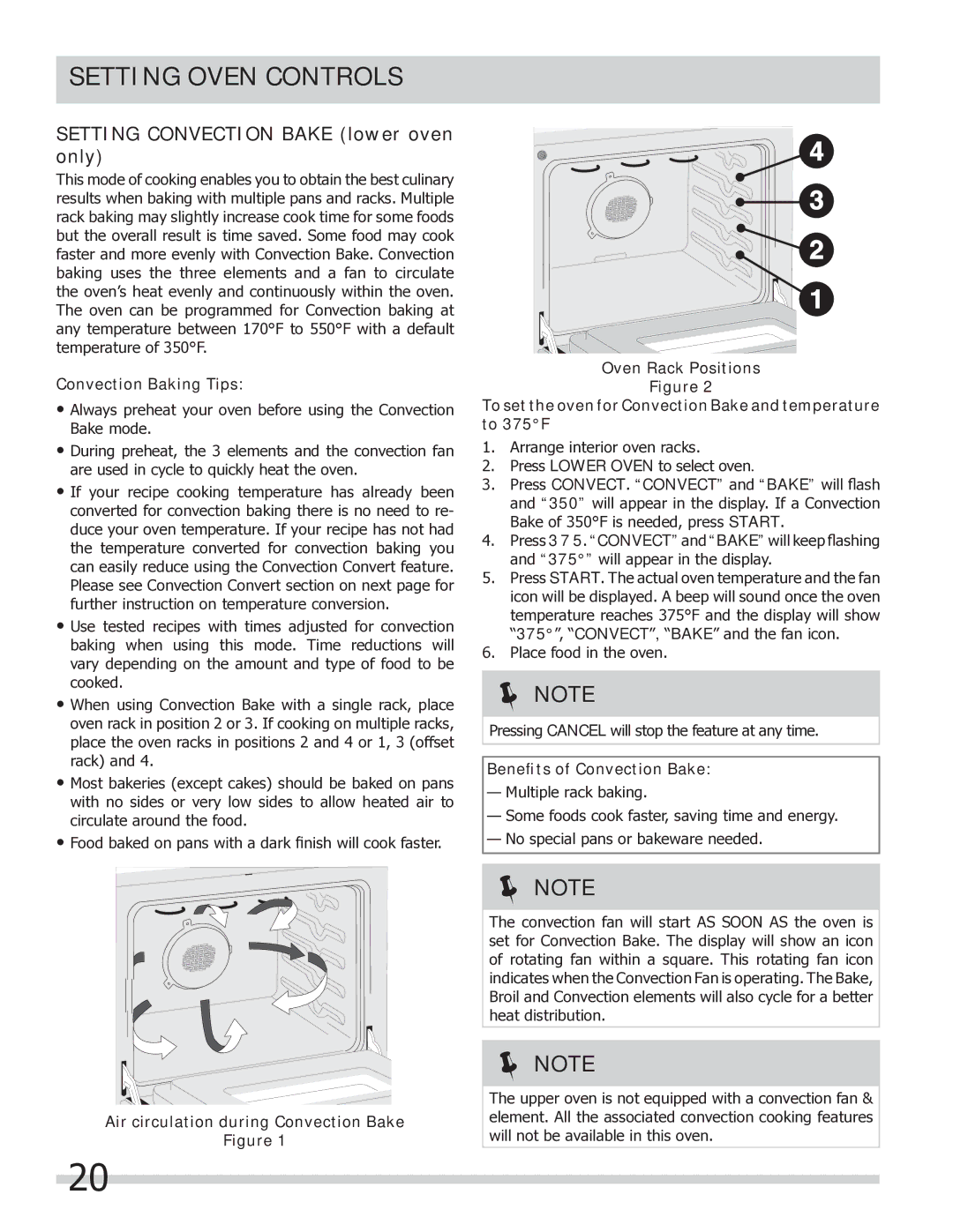 Frigidaire FGEF304DKF Setting Convection Bake lower oven only, Convection Baking Tips, Beneﬁts of Convection Bake 