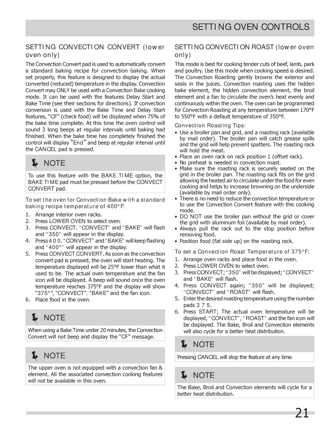 Frigidaire FGEF304DKW, FGEF304DKB Setting Convection Convert lower oven only, Setting Convection Roast lower oven only 