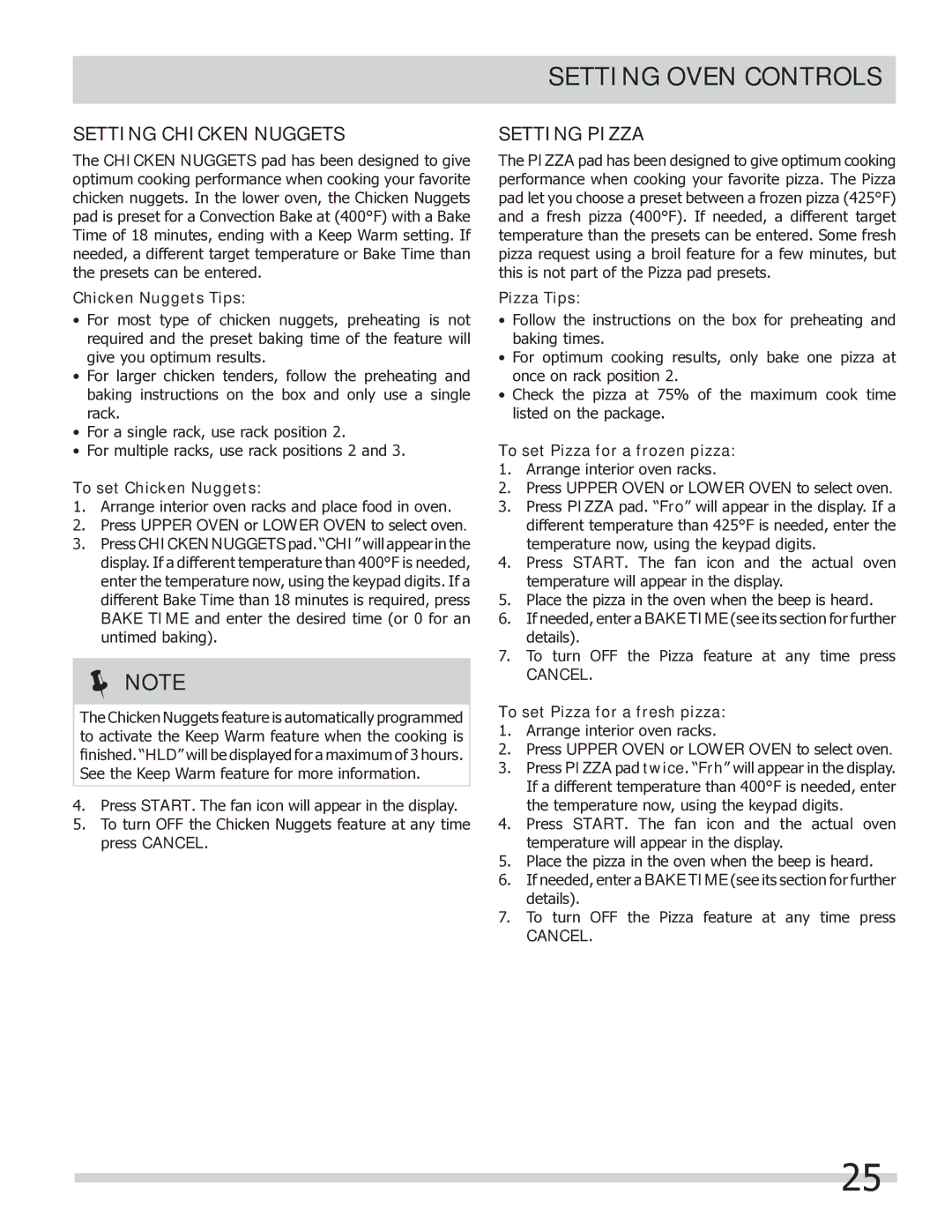 Frigidaire FGEF304DKB, FGEF304DKW, FGEF304DKF important safety instructions Setting Chicken Nuggets, Setting Pizza 