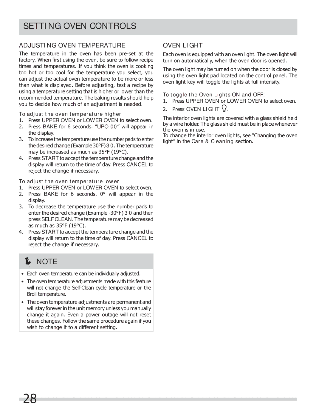 Frigidaire FGEF304DKB, FGEF304DKW, FGEF304DKF important safety instructions Adjusting Oven Temperature, Oven Light 