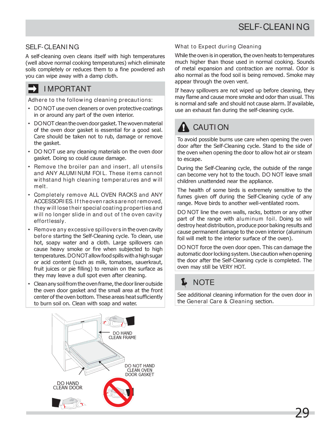 Frigidaire FGEF304DKF Self-Cleaning, Adhere to the following cleaning precautions, What to Expect during Cleaning 