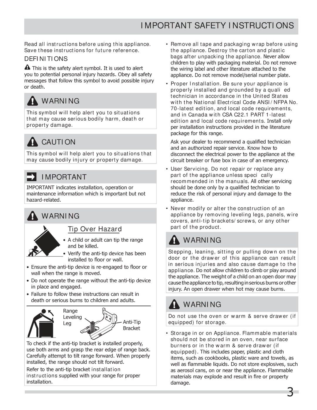 Frigidaire FGEF304DKW, FGEF304DKB, FGEF304DKF important safety instructions Important Safety Instructions, Definitions 