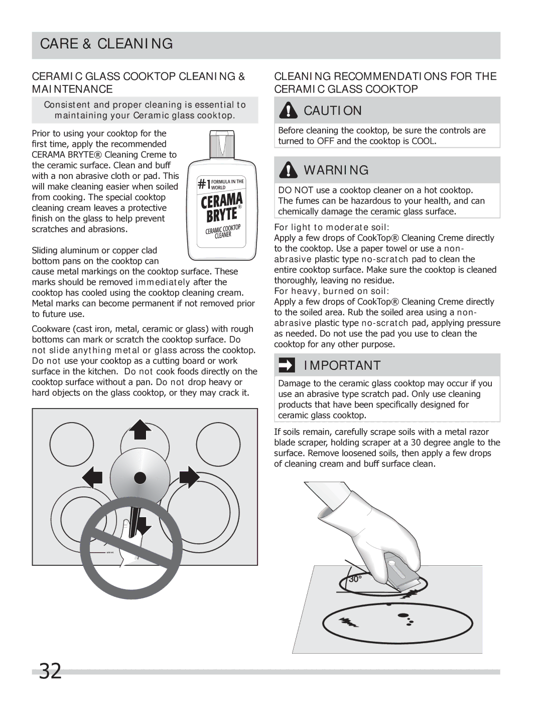 Frigidaire FGEF304DKF Care & Cleaning, Ceramic Glass Cooktop Cleaning & Maintenance, For light to moderate soil 