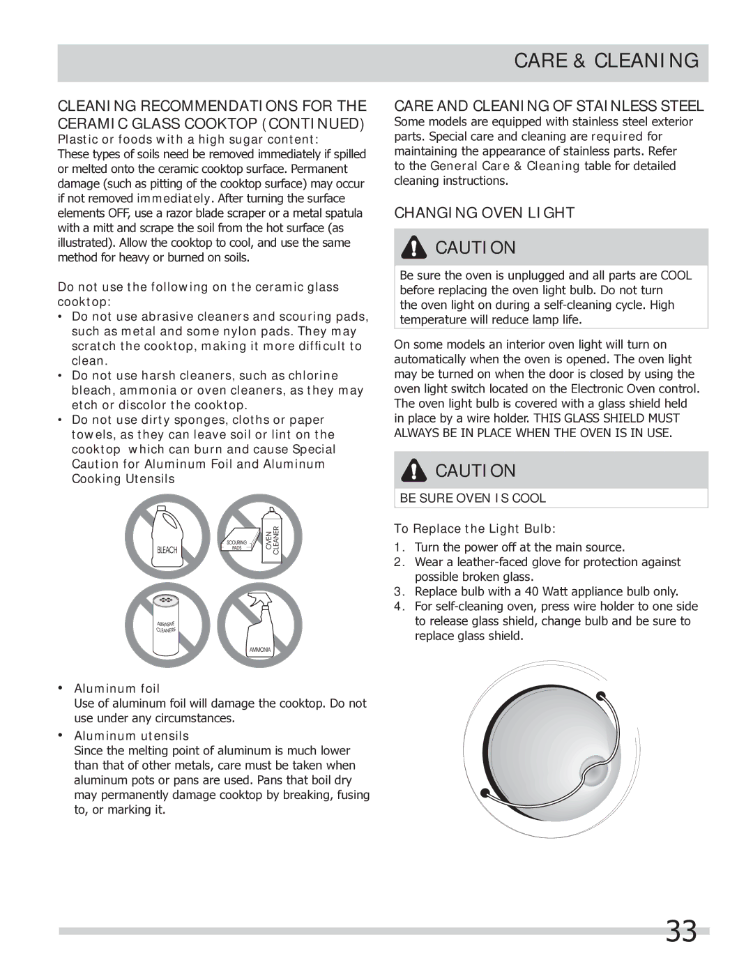 Frigidaire FGEF304DKW, FGEF304DKB Care and Cleaning of Stainless Steel, Changing Oven Light, Be Sure Oven is Cool 