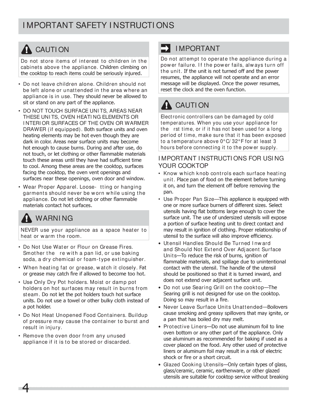 Frigidaire FGEF304DKB, FGEF304DKW, FGEF304DKF important safety instructions Important Instructions for Using Your Cooktop 