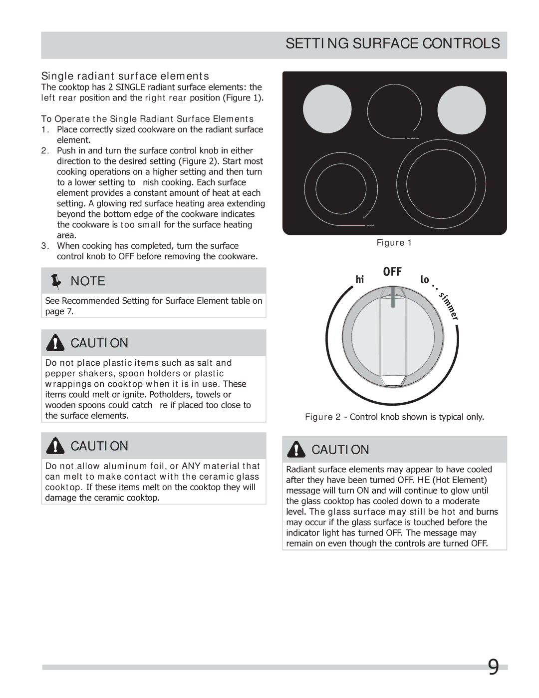 Frigidaire FGEF304DKW, FGEF304DKB, FGEF304DKF Setting Surface Controls, Single radiant surface elements 