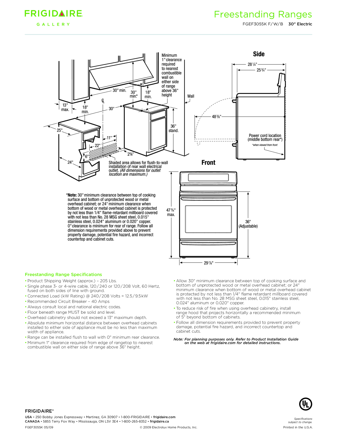 Frigidaire FGEF3055KW, FGEF3055KB, FGEF3055KF dimensions Freestanding Ranges, Freestanding Range Specifications 