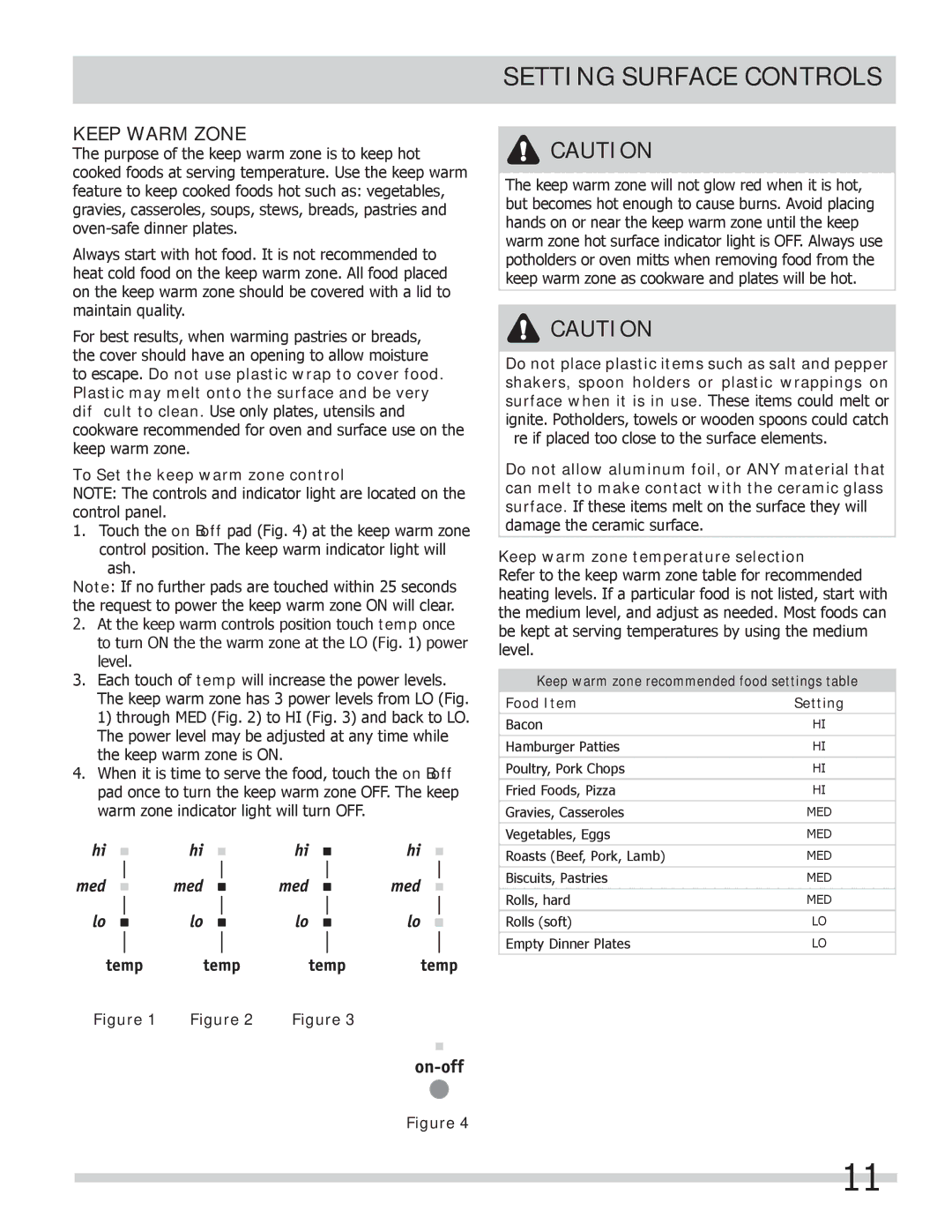 Frigidaire FGEF306TMW, FGEF306TMF, FGEF306TMB Keep Warm Zone, Keep warm zone recommended food settings table Food Item 