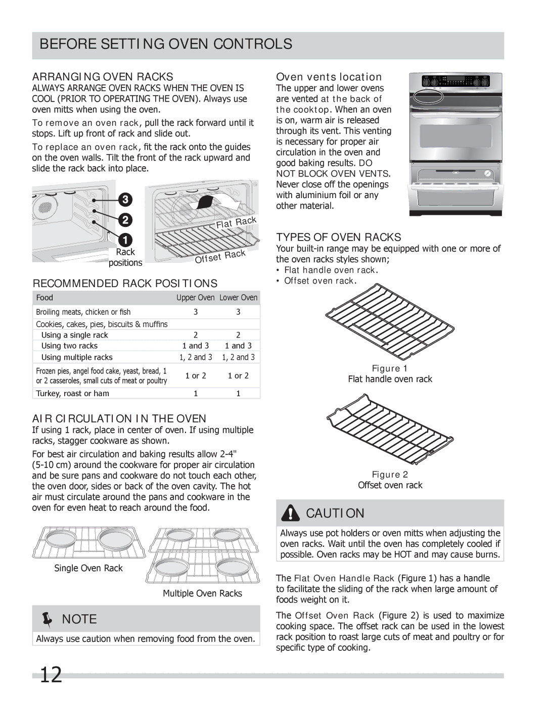 Frigidaire FGEF306TMF Before Setting Oven Controls, Arranging Oven Racks, AIR Circulation in the Oven, Oven vents location 