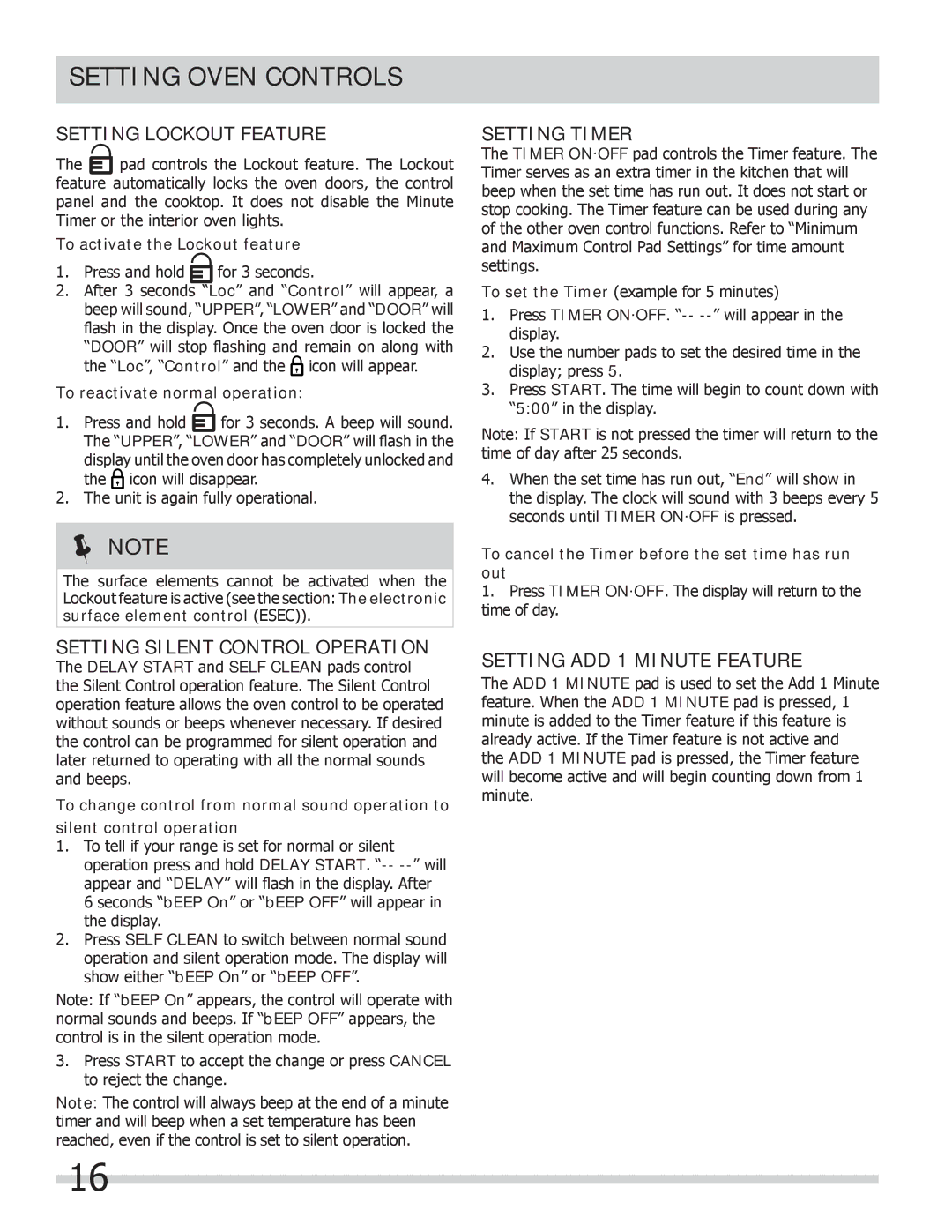 Frigidaire FGEF306TMB, FGEF306TMF, FGEF306TMW Setting Lockout Feature, Setting Silent Control Operation, Setting Timer 