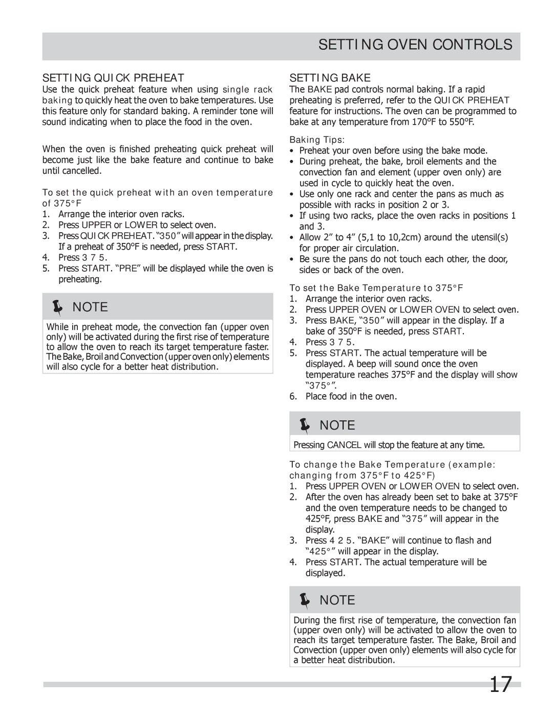 Frigidaire FGEF306TMW Setting Quick Preheat, Setting Bake, To set the quick preheat with an oven temperature of 375F 