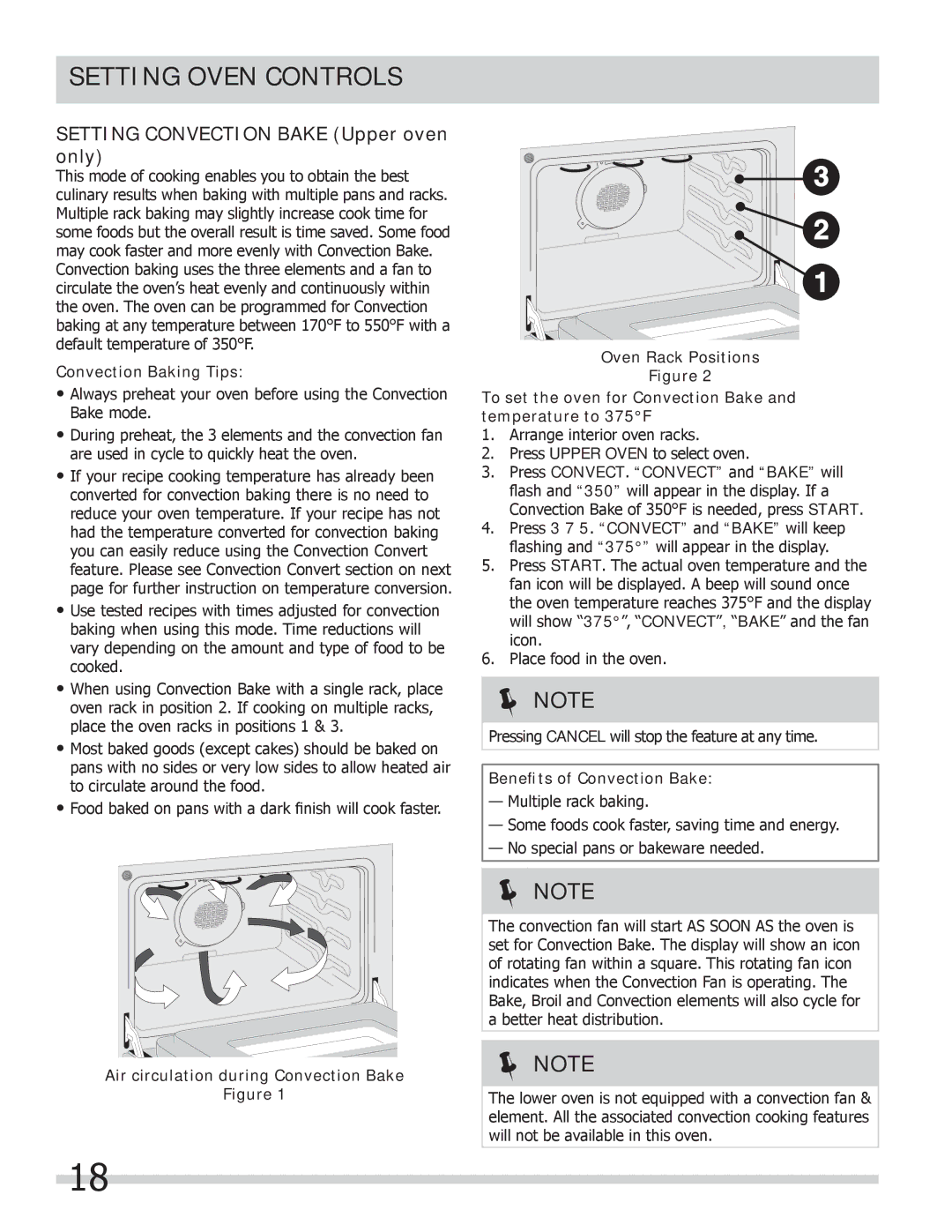 Frigidaire FGEF306TMF Setting Convection Bake Upper oven only, Convection Baking Tips, Beneﬁts of Convection Bake 