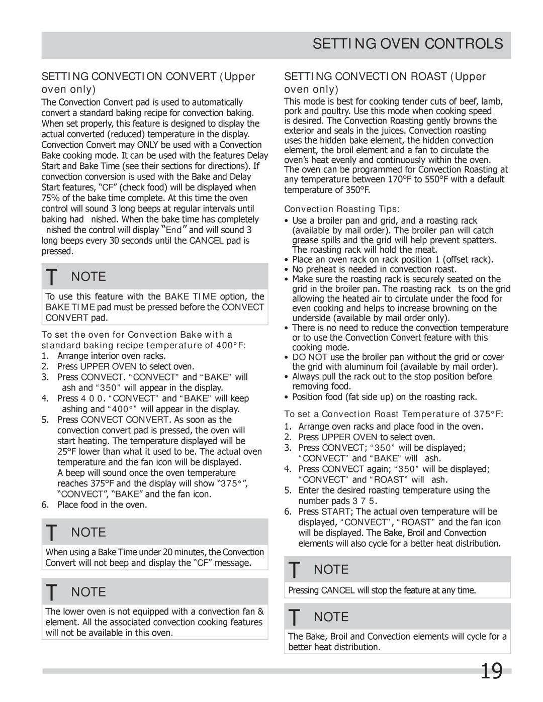 Frigidaire FGEF306TMB, FGEF306TMF Setting Convection Convert Upper oven only, Setting Convection Roast Upper oven only 