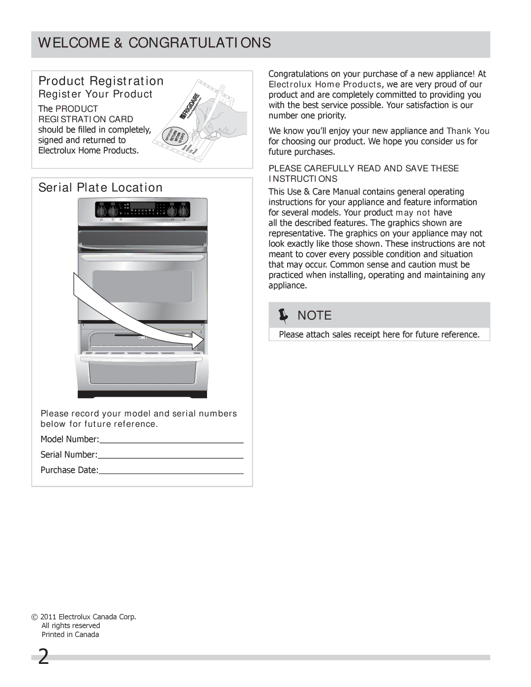 Frigidaire FGEF306TMW Welcome & Congratulations, Register Your Product, Please Carefully Read and Save These Instructions 