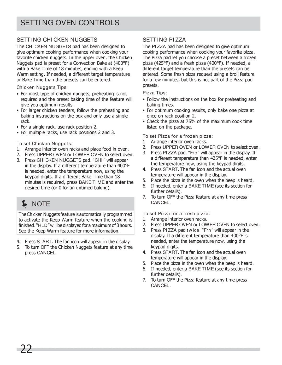 Frigidaire FGEF306TMB, FGEF306TMF, FGEF306TMW important safety instructions Setting Chicken Nuggets, Setting Pizza 