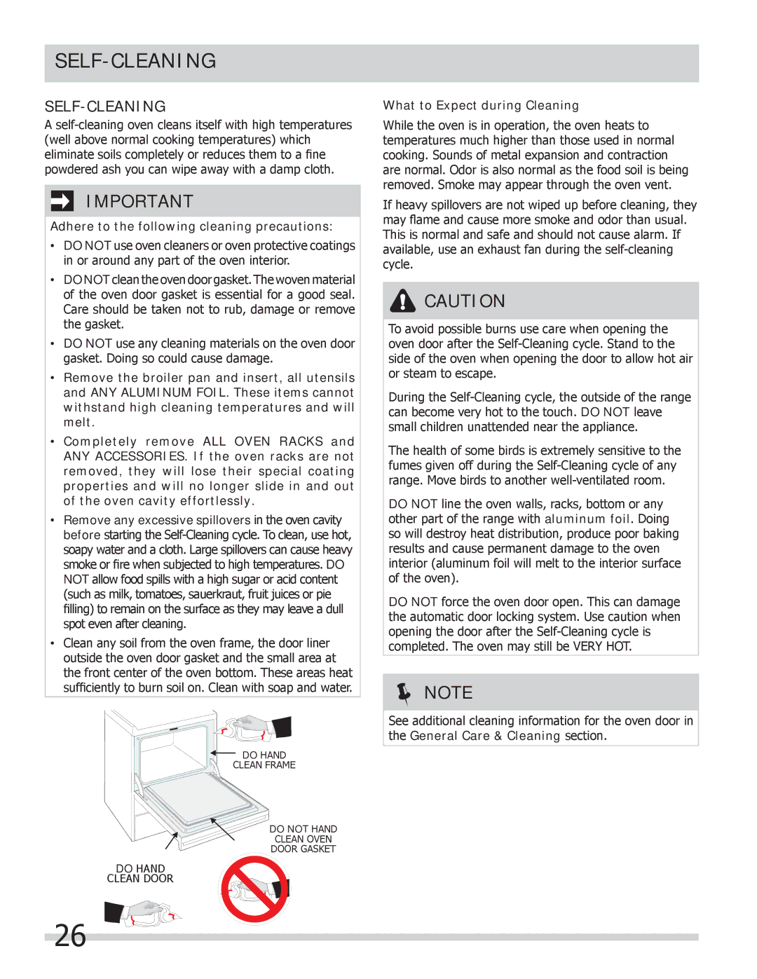 Frigidaire FGEF306TMW Self-Cleaning, Adhere to the following cleaning precautions, What to Expect during Cleaning 