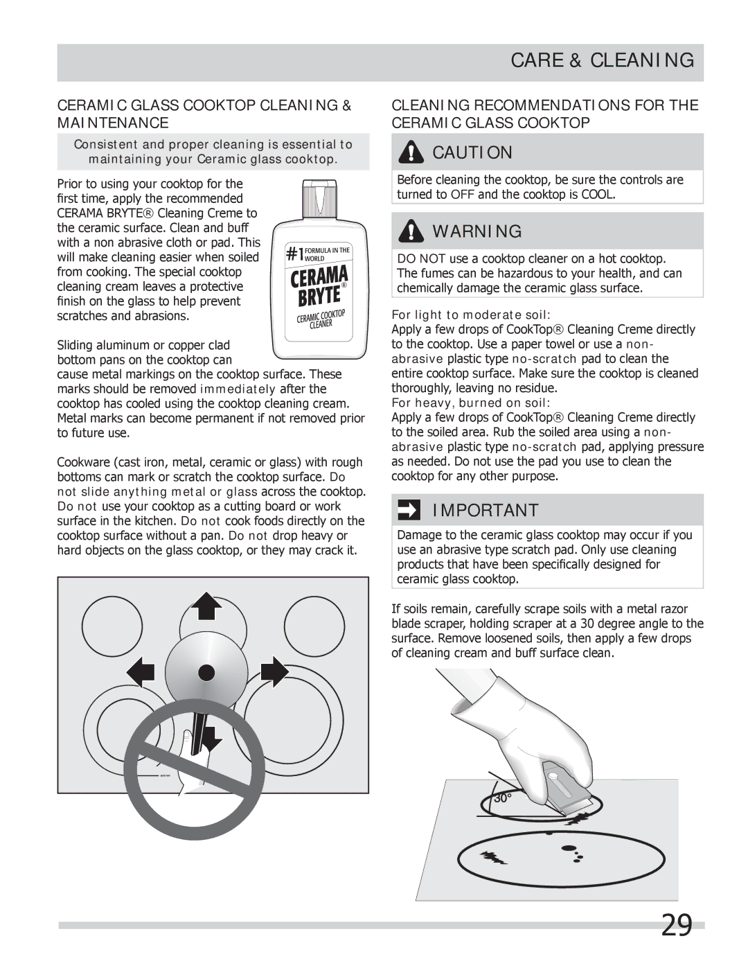 Frigidaire FGEF306TMW Care & Cleaning, Ceramic Glass Cooktop Cleaning & Maintenance, For light to moderate soil 