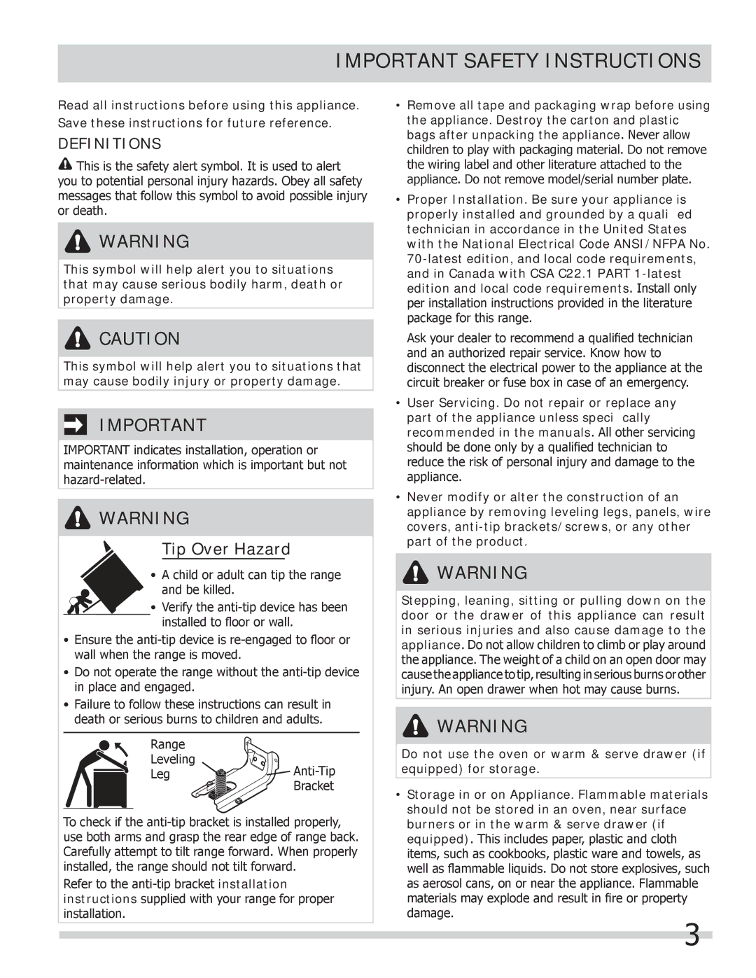 Frigidaire FGEF306TMF, FGEF306TMB, FGEF306TMW important safety instructions Important Safety Instructions, Definitions 