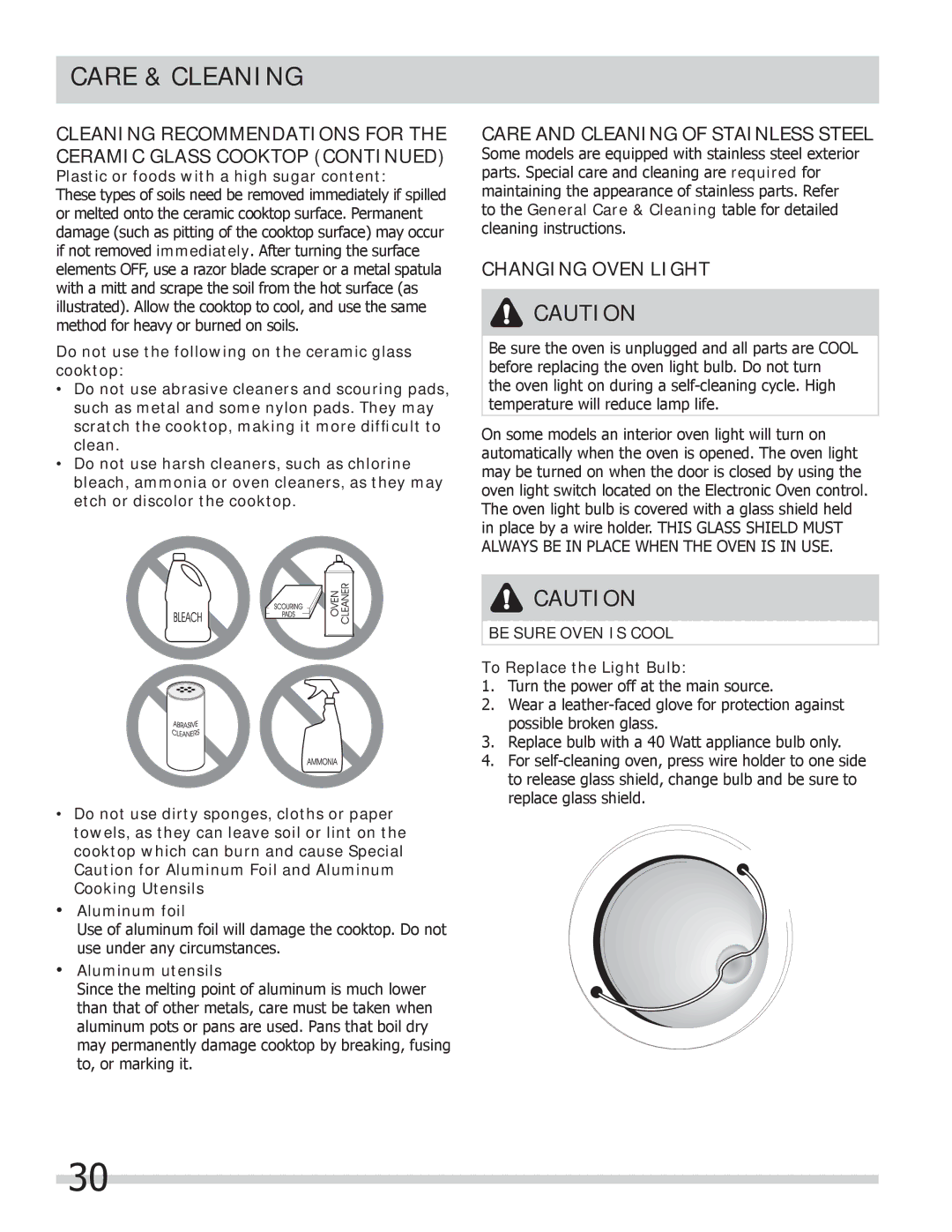 Frigidaire FGEF306TMF, FGEF306TMB Care and Cleaning of Stainless Steel, Changing Oven Light, Be Sure Oven is Cool 