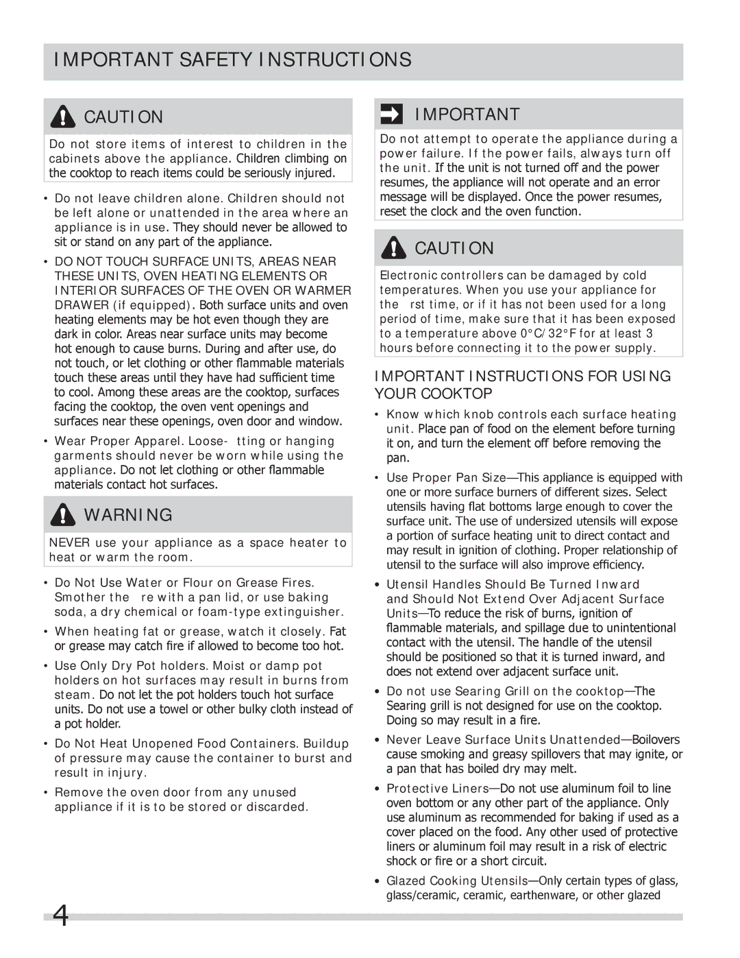 Frigidaire FGEF306TMB, FGEF306TMF, FGEF306TMW important safety instructions Important Instructions for Using Your Cooktop 