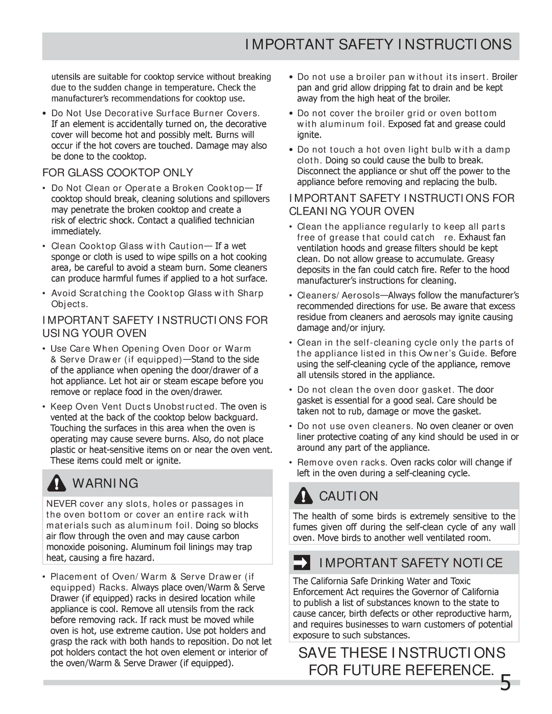 Frigidaire FGEF306TMW, FGEF306TMF, FGEF306TMB Save These Instructions for Future Reference, For Glass Cooktop only 