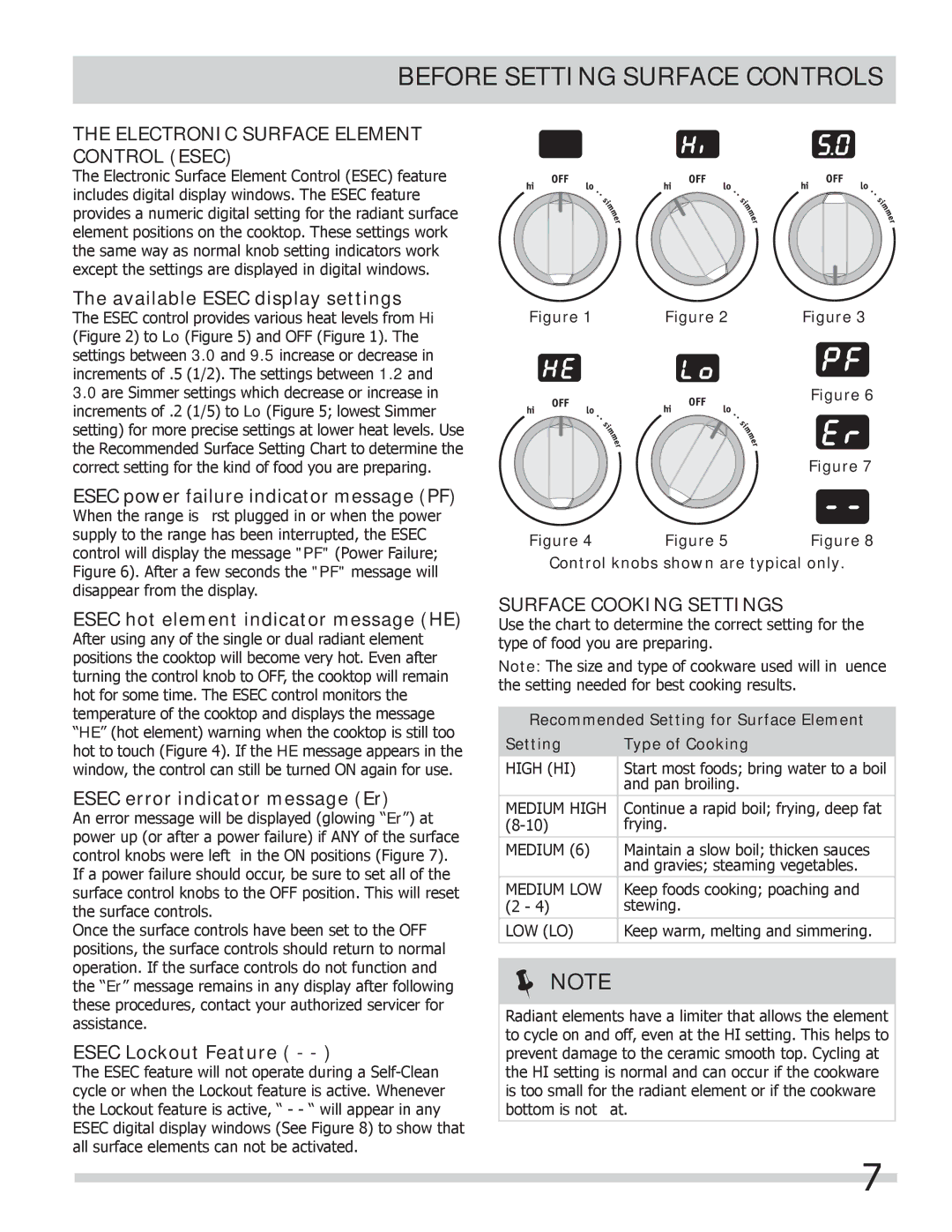 Frigidaire FGEF306TMB Before Setting Surface Controls, Electronic Surface Element Control Esec, Surface Cooking Settings 