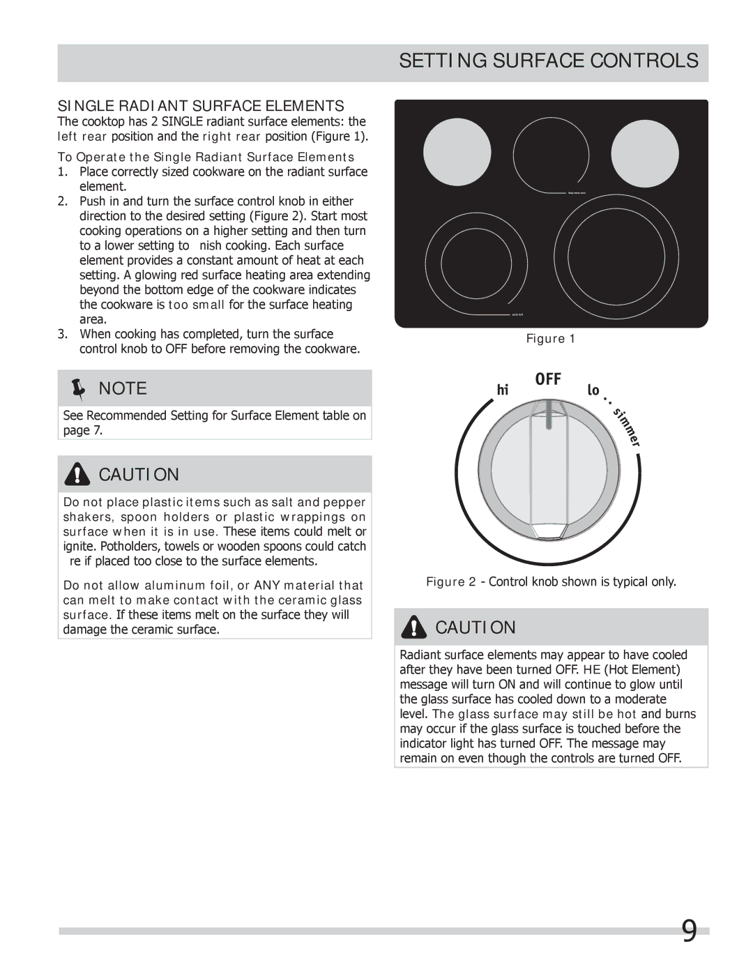 Frigidaire FGEF306TMF, FGEF306TMB, FGEF306TMW Setting Surface Controls, Single Radiant Surface Elements 