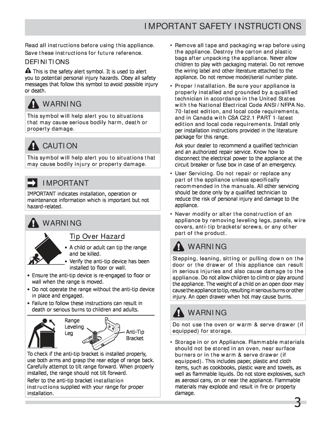 Frigidaire FGEF306TMF, FGEF306TMB, FGEF306TMW Important Safety Instructions, Definitions, Tip Over Hazard 