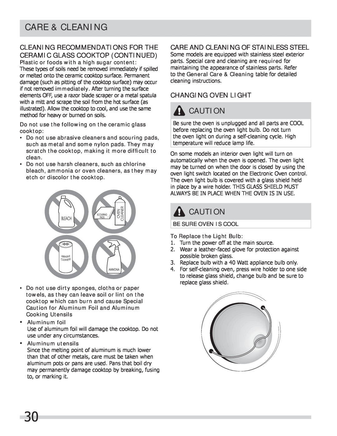 Frigidaire FGEF306TMF Cleaning Recommendations For The Ceramic Glass Cooktop Continued, Changing Oven Light, Aluminum foil 