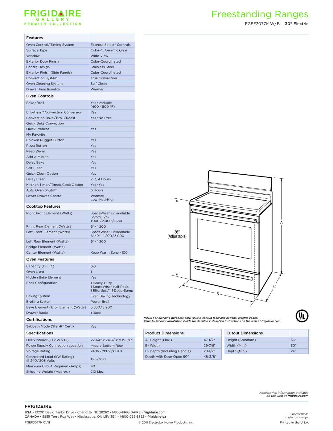 Frigidaire FGEF3077K W/B dimensions Adjustable 