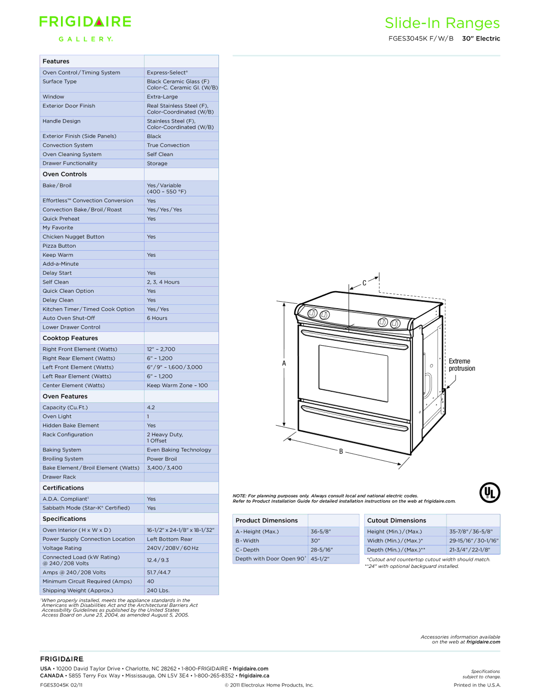 Frigidaire FGES3045K F/W/B dimensions Extreme 