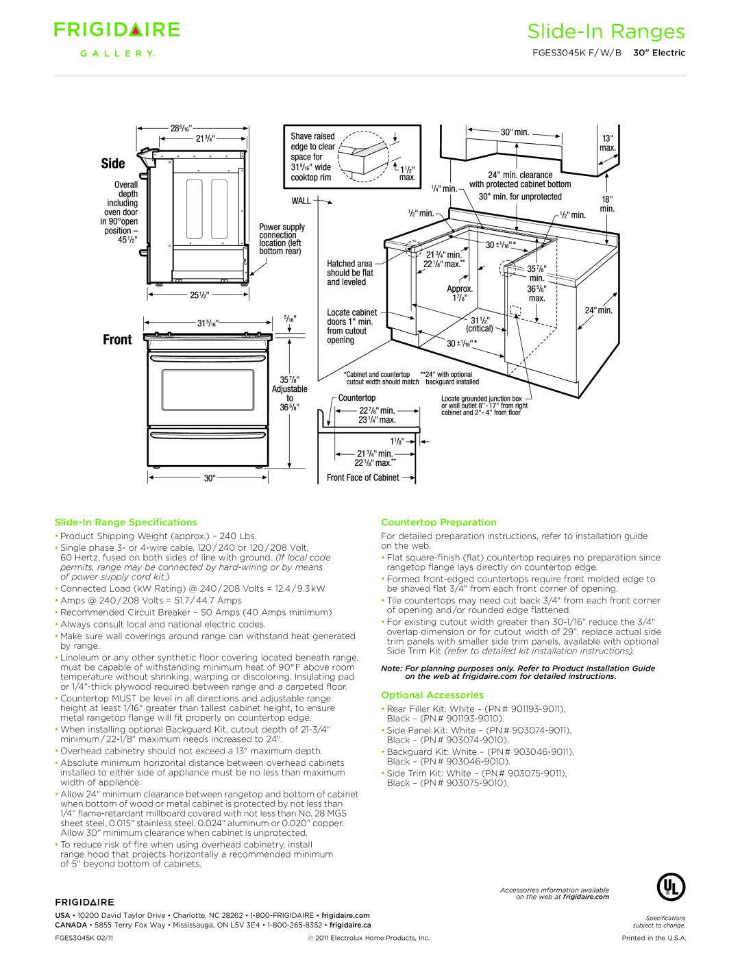 Frigidaire FGES3045K F/W/B dimensions Slide-In Range Specifications, Countertop Preparation, Optional Accessories 