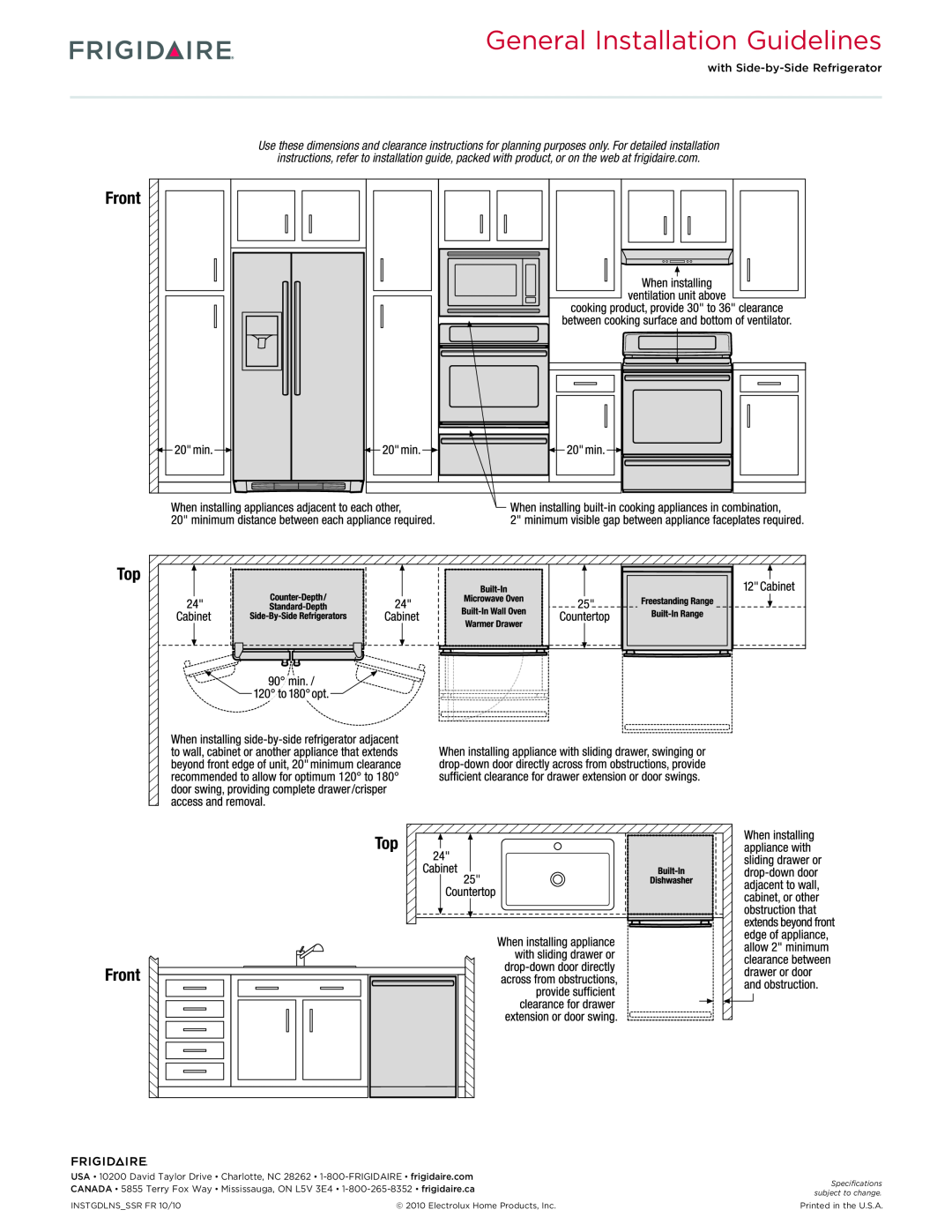 Frigidaire FGES3045K F/W/B dimensions General Installation Guidelines, Top Front 