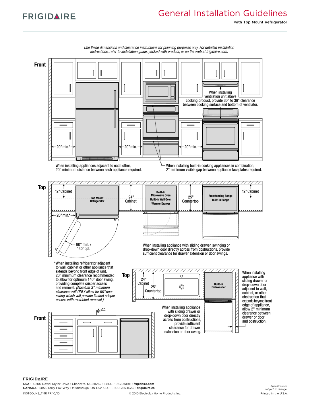 Frigidaire FGES3045K F/W/B dimensions General Installation Guidelines, Top Front, with Top Mount Refrigerator 