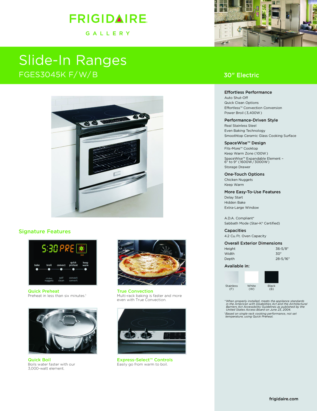 Frigidaire FGES3045K dimensions Quick Preheat True Convection, Quick Boil Express-Select Controls 