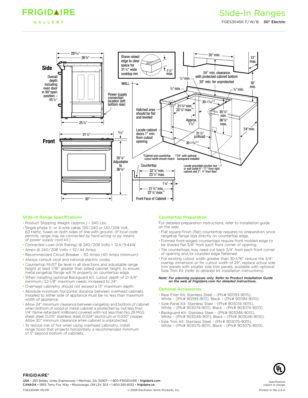 Frigidaire FGES3045K dimensions Slide-In Range Specifications, Countertop Preparation, Optional Accessories 