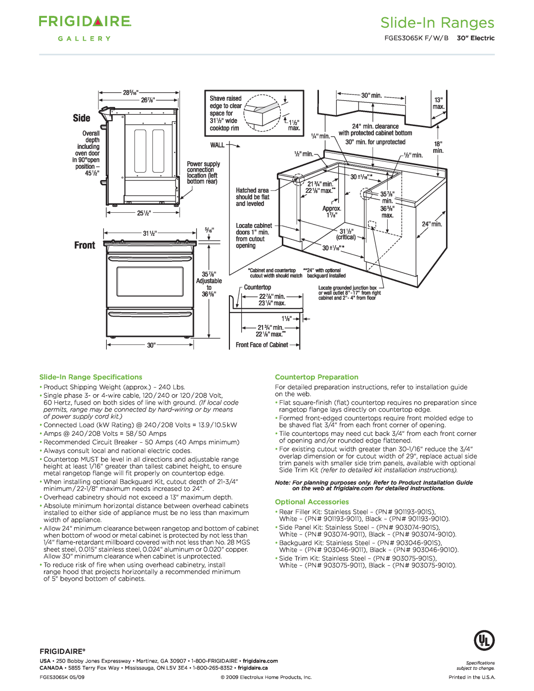 Frigidaire FGES3065K dimensions Slide-InRange Specifications, Countertop Preparation, Optional Accessories, Frigidaire 
