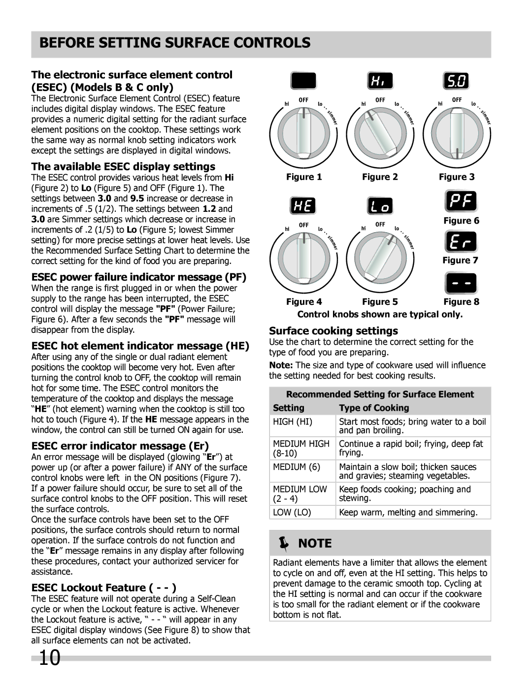 Frigidaire FGES3045KB Electronic surface element control Esec Models B & C only, Available Esec display settings 