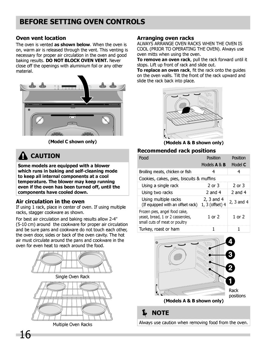 Frigidaire FGES3045KF Before Setting Oven Controls, Oven vent location, Air circulation in the oven, Arranging oven racks 