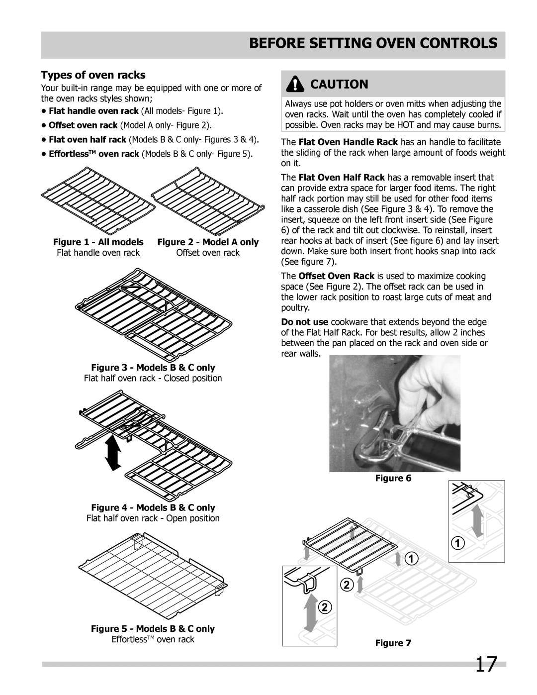 Frigidaire FGES3045KB, FGES3065KF, FGES3065KB, FGES3045KF Types of oven racks, Flat handle oven rack Offset oven rack 