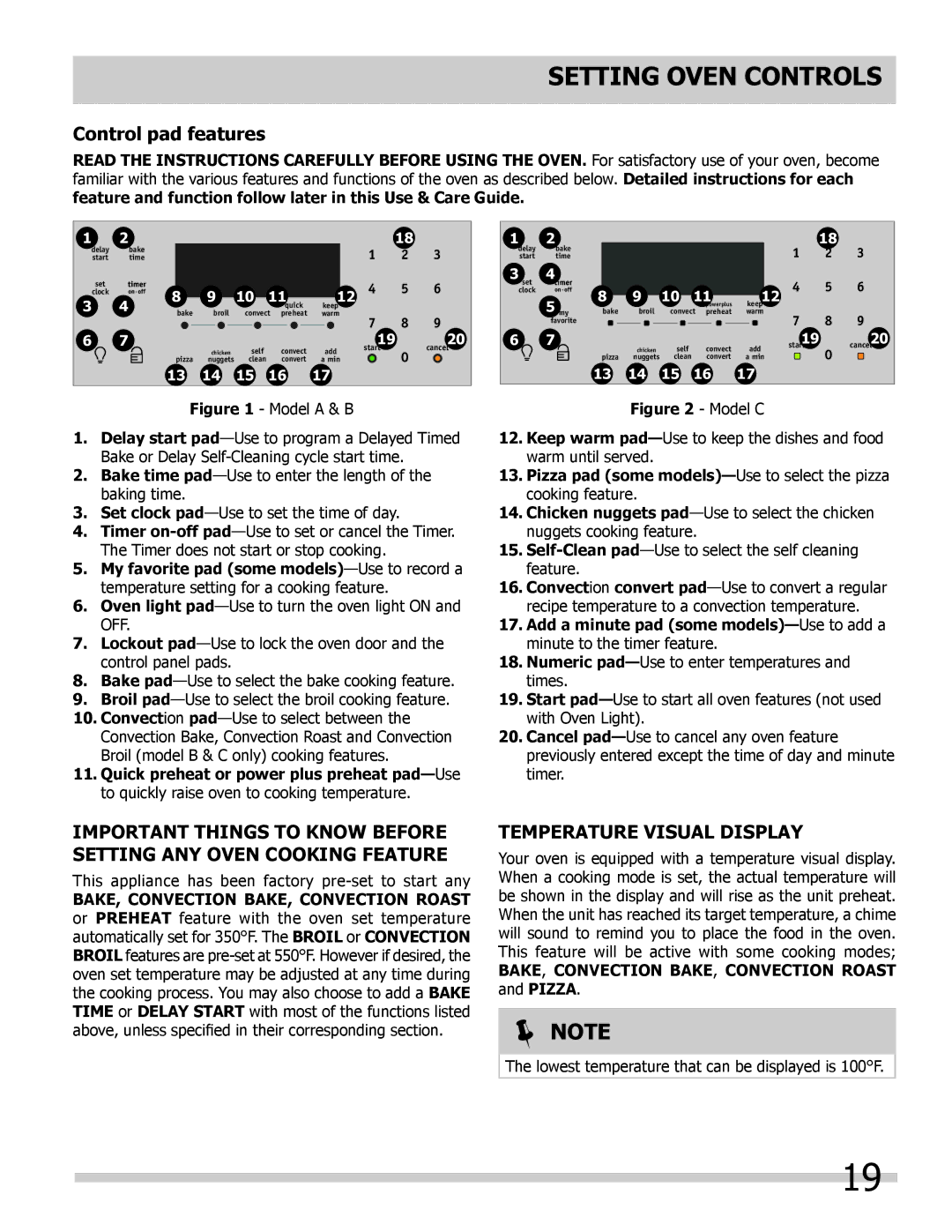 Frigidaire FGES3065KW, FGES3065KF, FGES3065KB Setting Oven Controls, Control pad features, Temperature Visual Display 