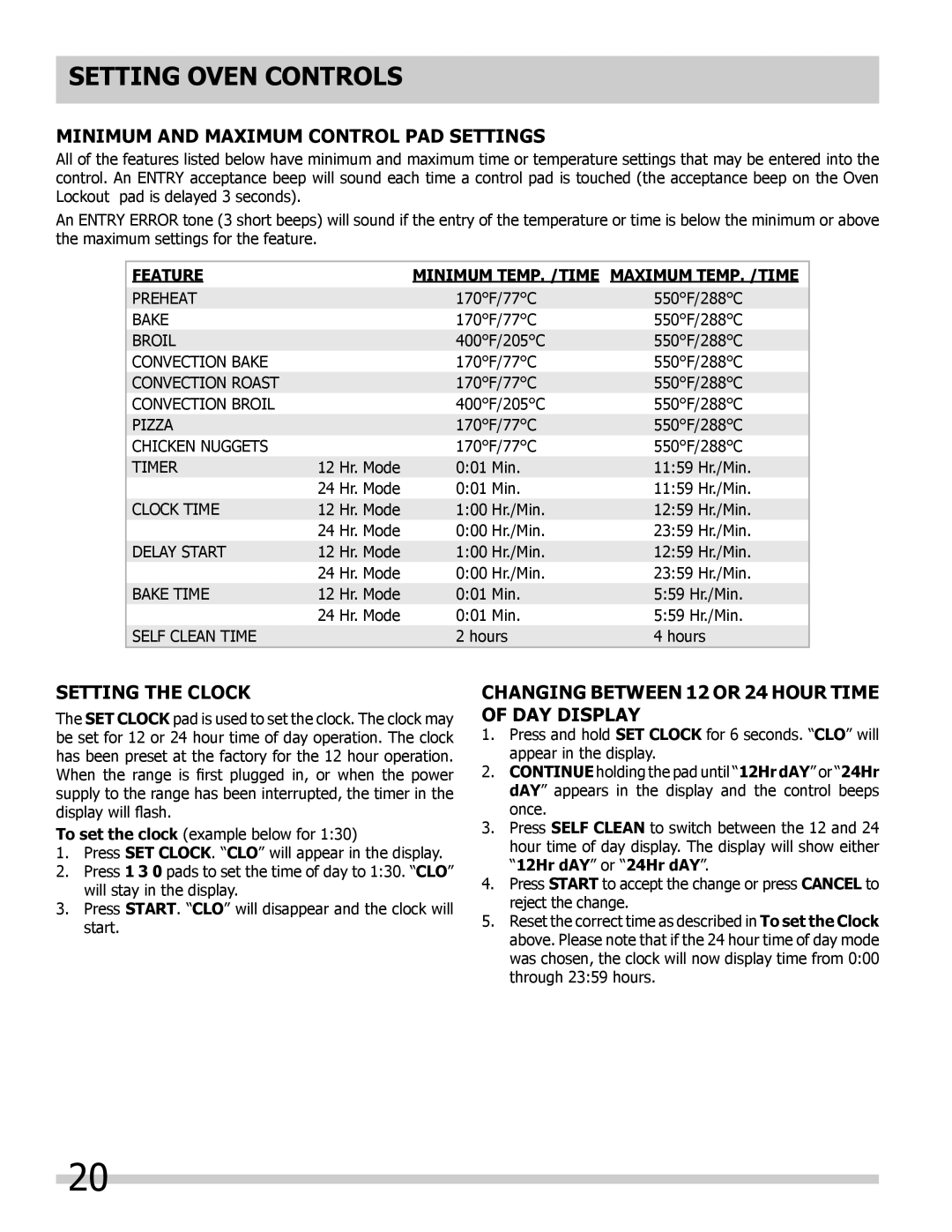 Frigidaire FPES3085KF, FGES3065KF, FGES3065KB, FGES3045KF Minimum and Maximum Control PAD Settings, Setting the Clock 