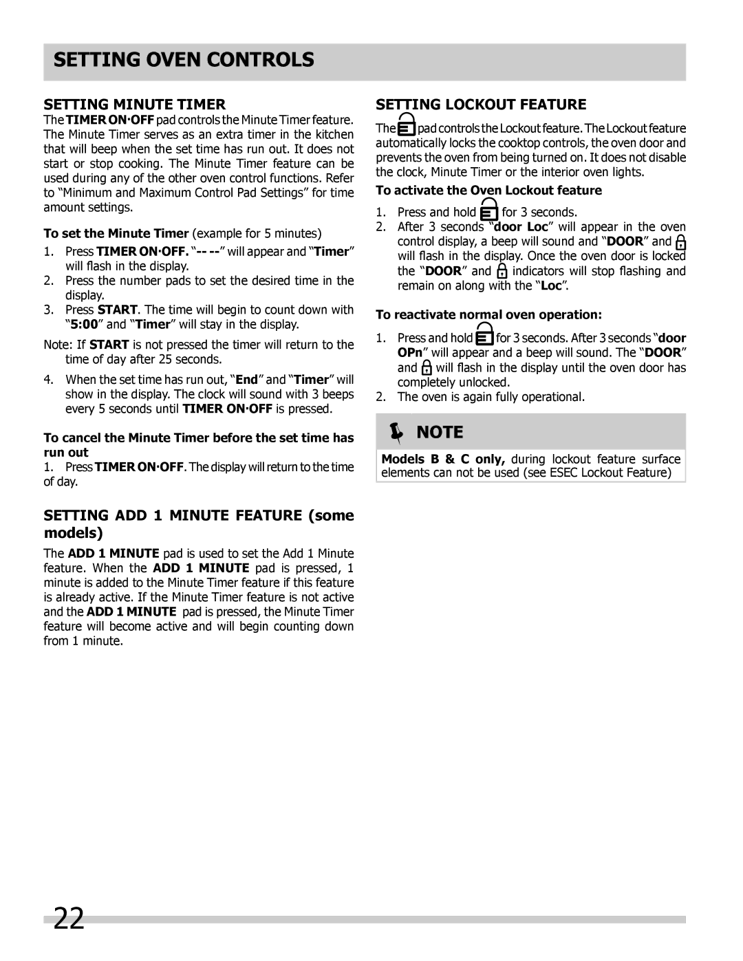 Frigidaire FGES3065KB, FGES3065KF Setting Minute Timer, Setting ADD 1 Minute Feature some models, Setting Lockout Feature 