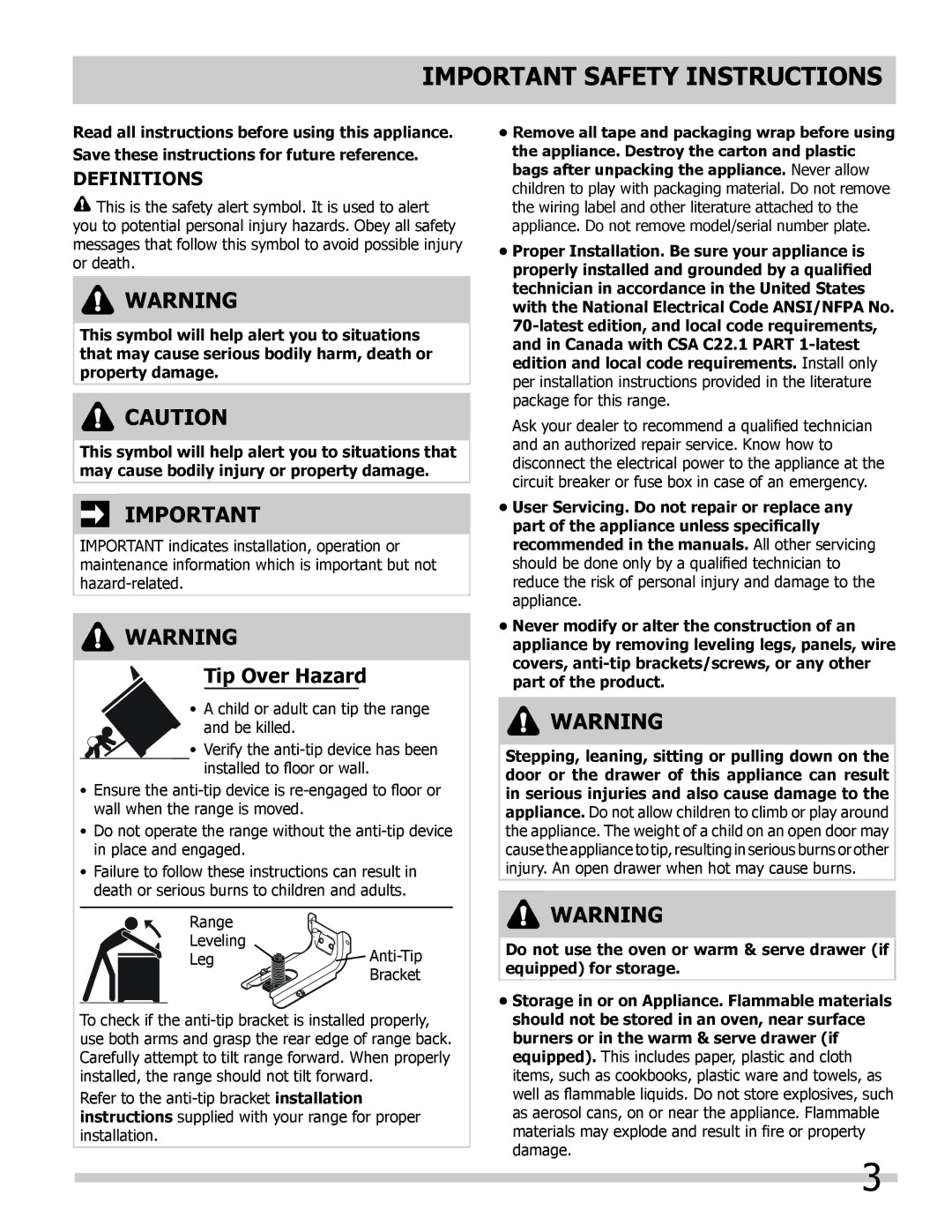 Frigidaire FGES3045KB, FGES3065KF, FGES3065KB, FGES3045KF, FGES3045KW, FGES3065KW Important Safety Instructions, Definitions 