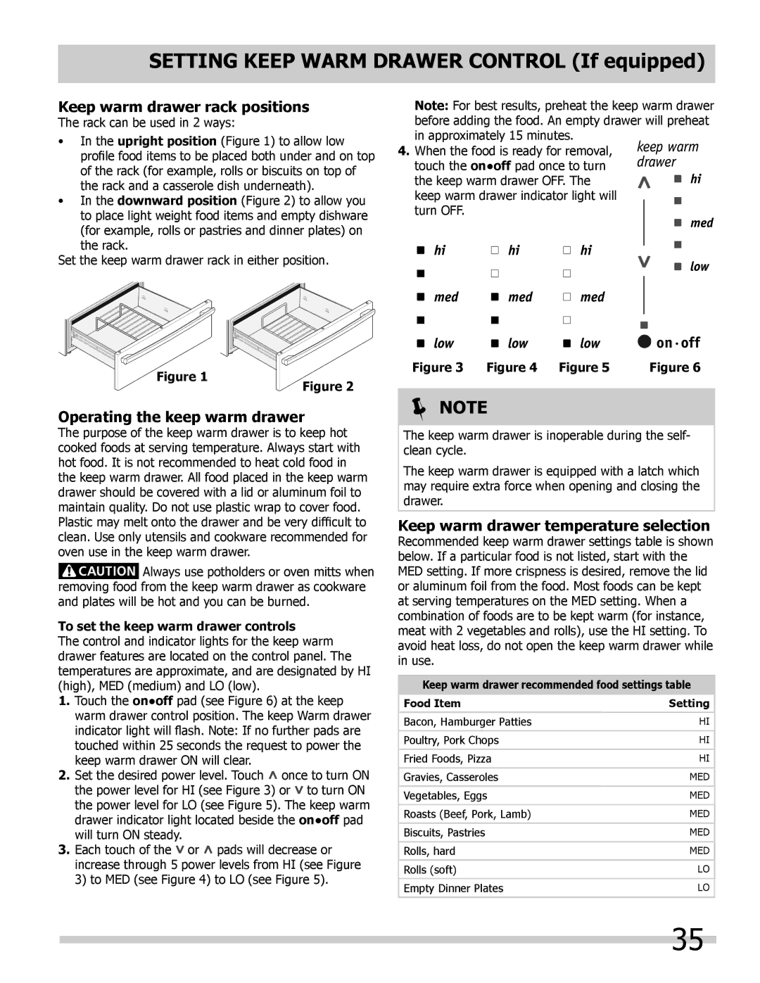 Frigidaire FGES3065KF, FGES3065KB, FGES3045KF, FGES3045KB Keep warm drawer rack positions, Operating the keep warm drawer 