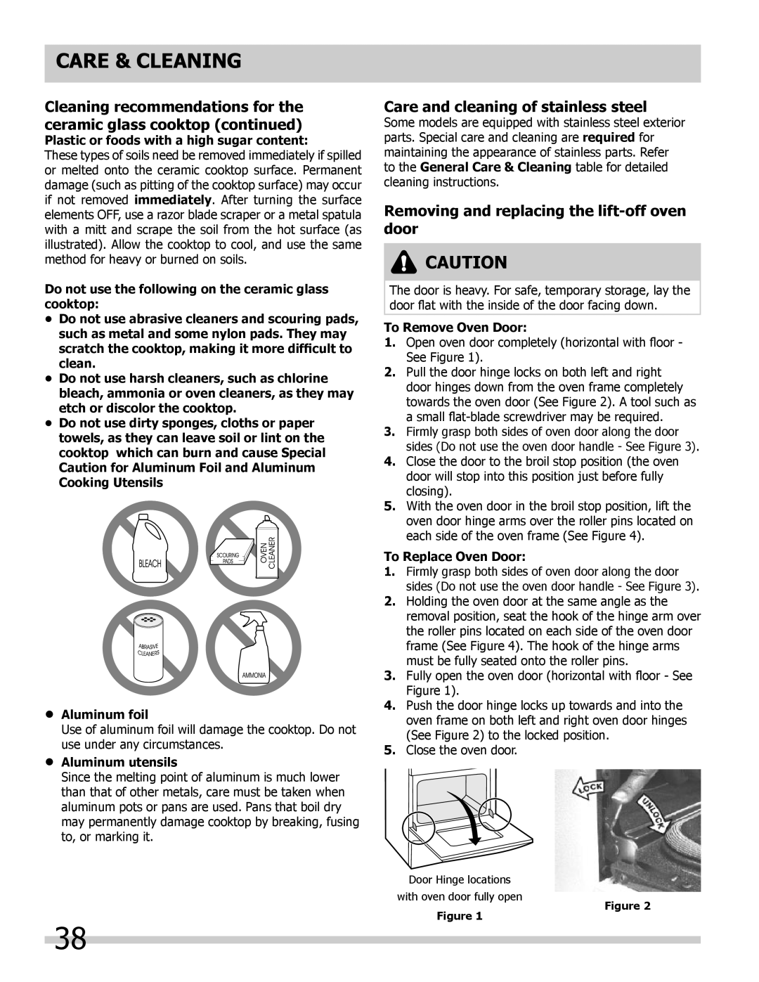 Frigidaire FGES3045KB, FGES3065KF Care and cleaning of stainless steel, Removing and replacing the lift-off oven door 