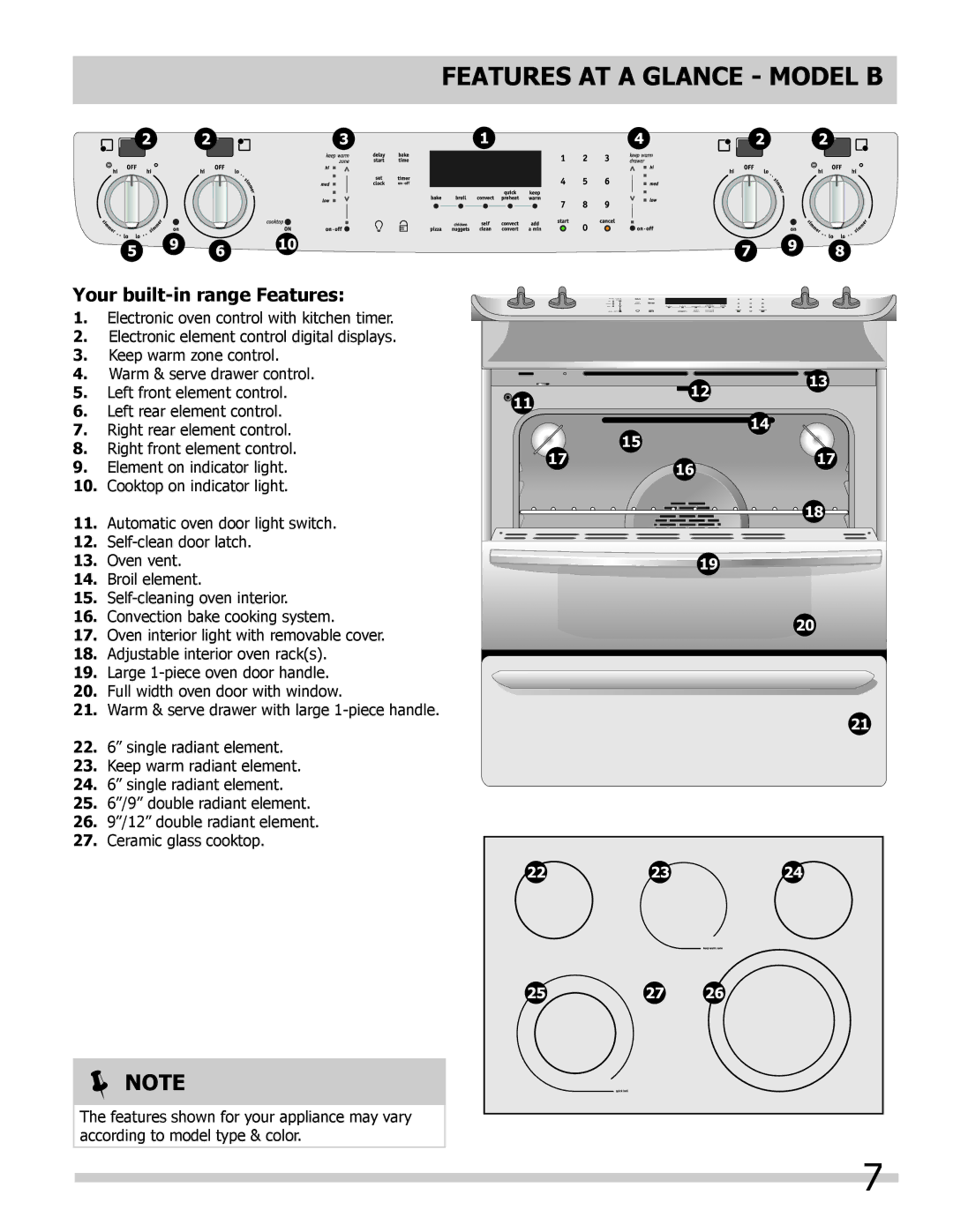 Frigidaire FGES3065KF, FGES3065KB, FGES3045KF, FGES3045KB, FGES3045KW, FGES3065KW, FPES3085KF Features AT a Glance Model B 